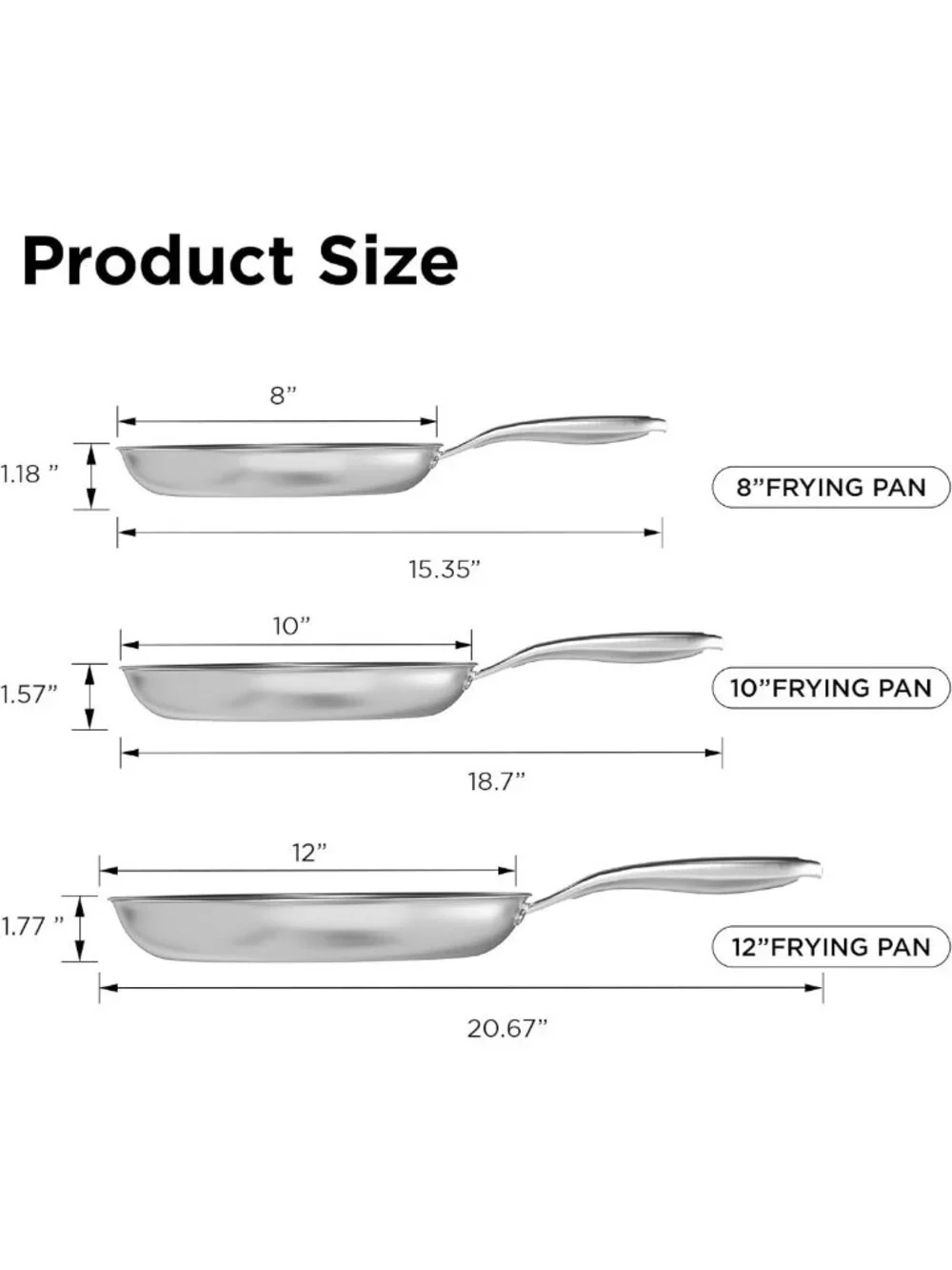 3pc Nonstick Frying Pans Set - Hybrid Cookware, 8